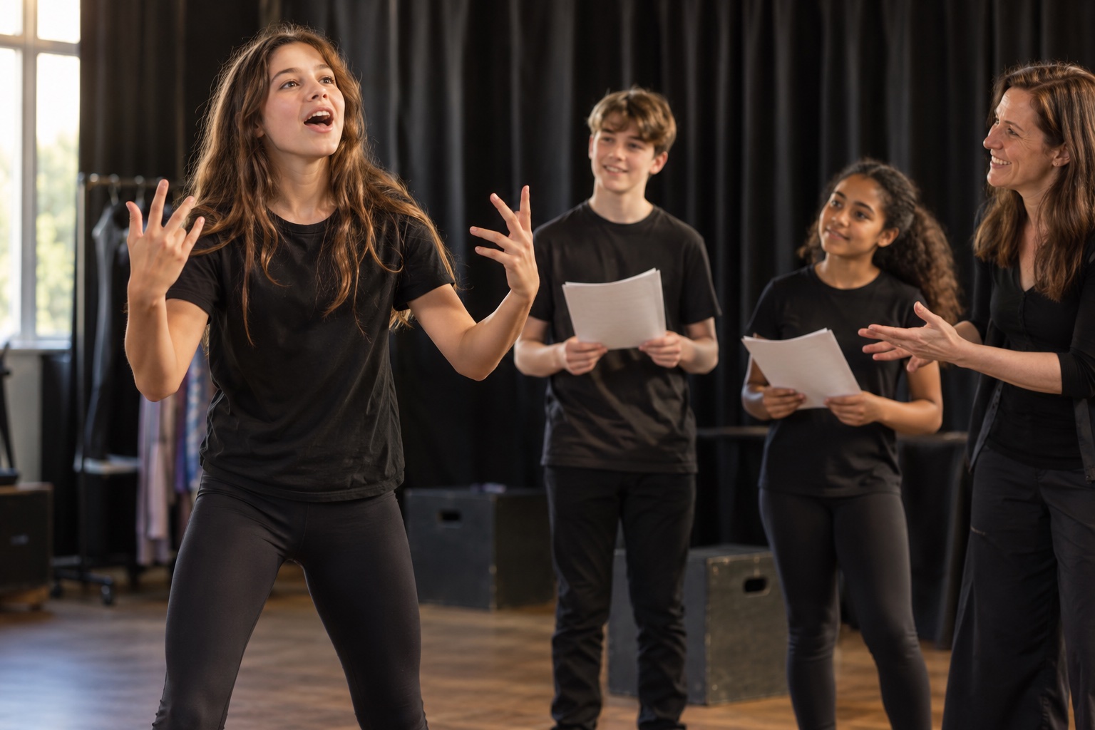 Young actors taking part in a group drama exercise