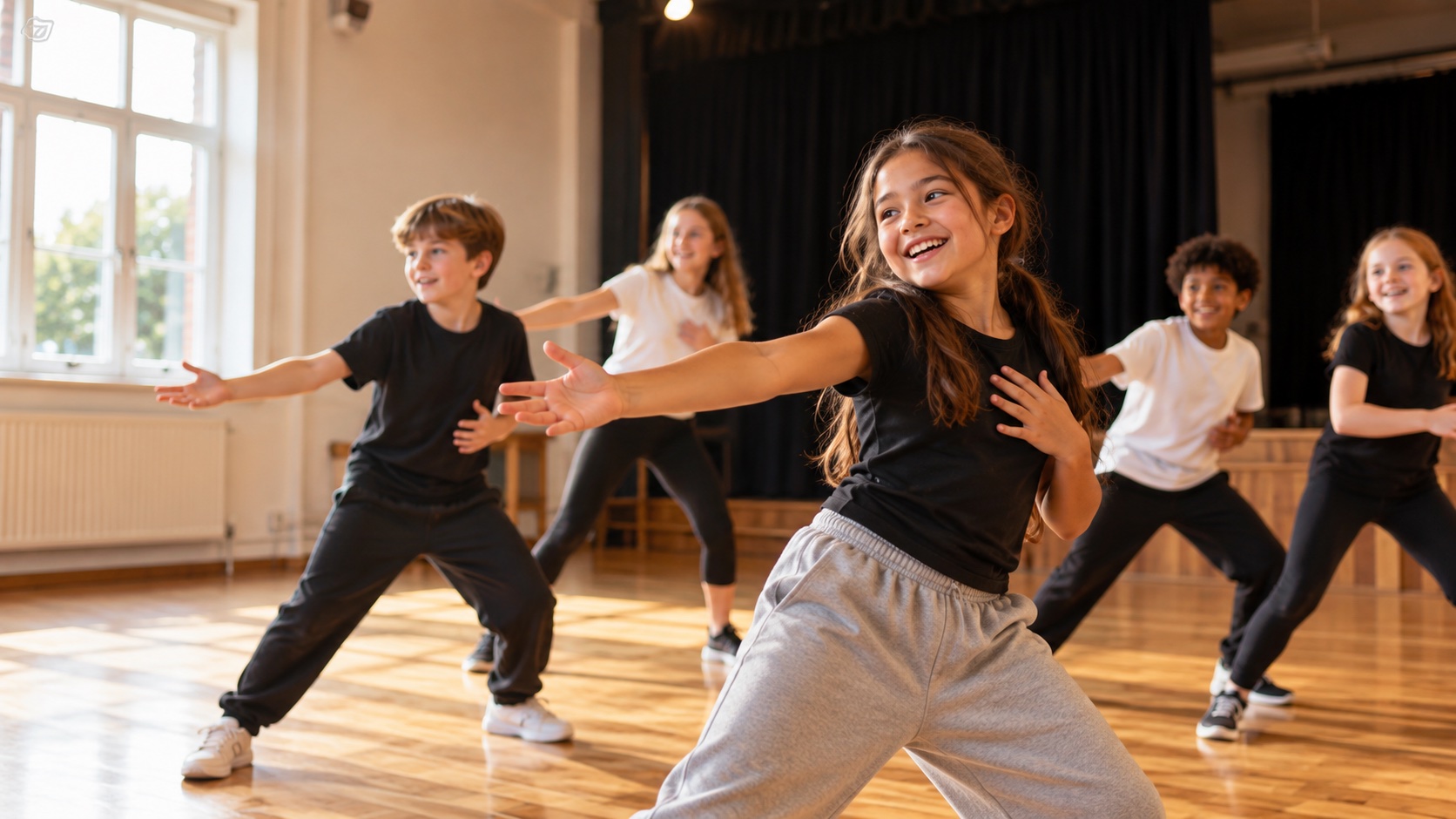 Young performers enjoying a group movement exercise in a sunlit studio