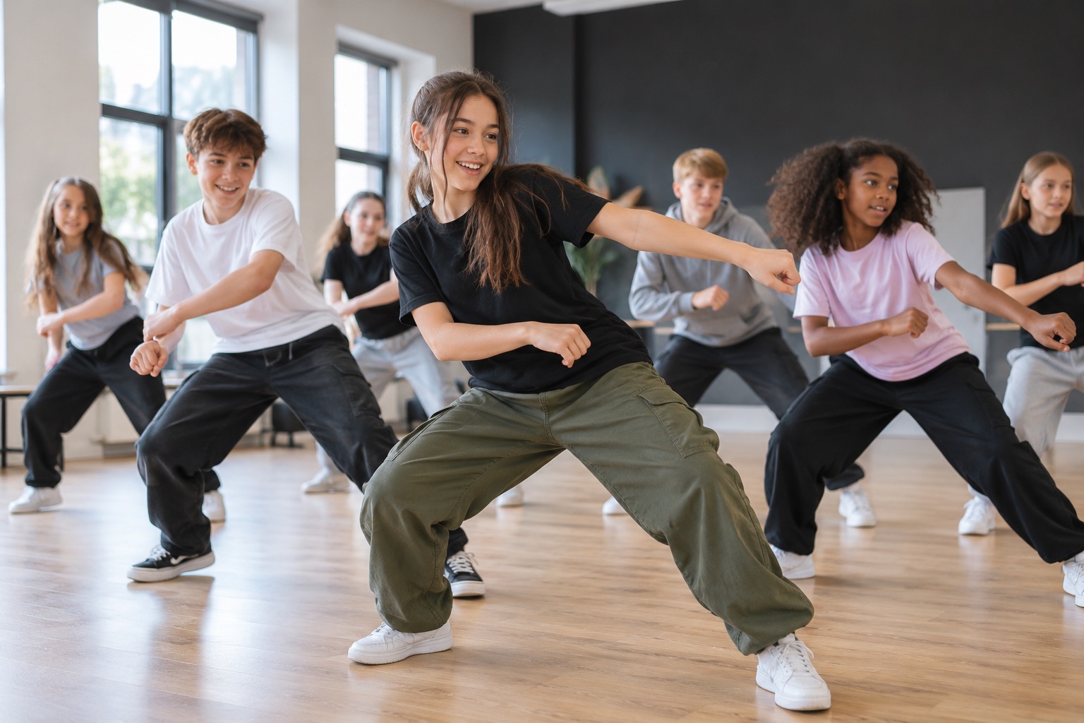 Young dancers practising a street dance routine together